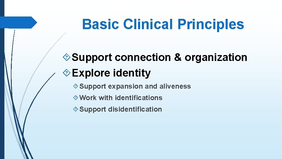 Basic Clinical Principles Support connection & organization Explore identity Support expansion and aliveness Work