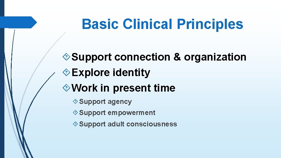 Basic Clinical Principles Support connection & organization Explore identity Work in present time Support