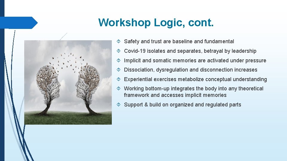 Workshop Logic, cont. Safety and trust are baseline and fundamental Covid-19 isolates and separates,
