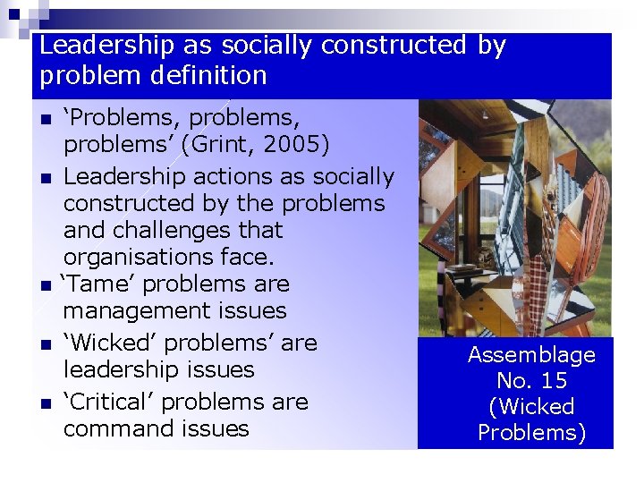Leadership as socially constructed by problem definition n n ‘Problems, problems’ (Grint, 2005) Leadership Leadership as socially constructed by problem definition n n ‘Problems, problems’ (Grint, 2005) Leadership
