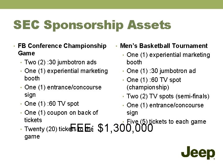 SEC Sponsorship Assets • FB Conference Championship Game • Two (2) : 30 jumbotron