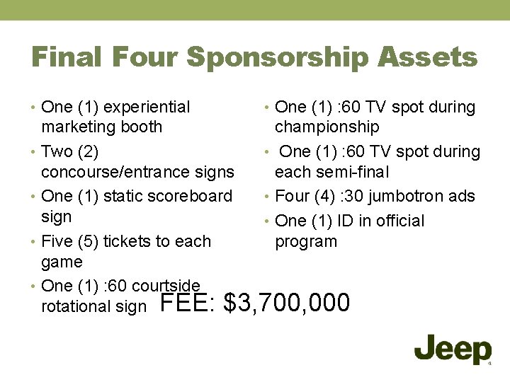 Final Four Sponsorship Assets • One (1) experiential • One (1) : 60 TV