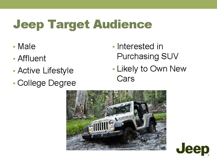 Jeep Target Audience • Male • Interested in • Affluent Purchasing SUV • Likely