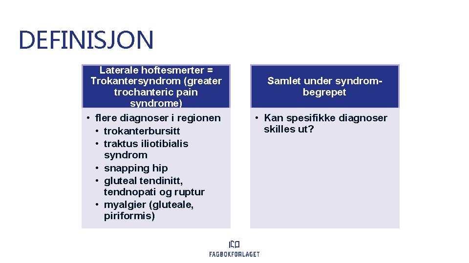 DEFINISJON Laterale hoftesmerter = Trokantersyndrom (greater trochanteric pain syndrome) • flere diagnoser i regionen