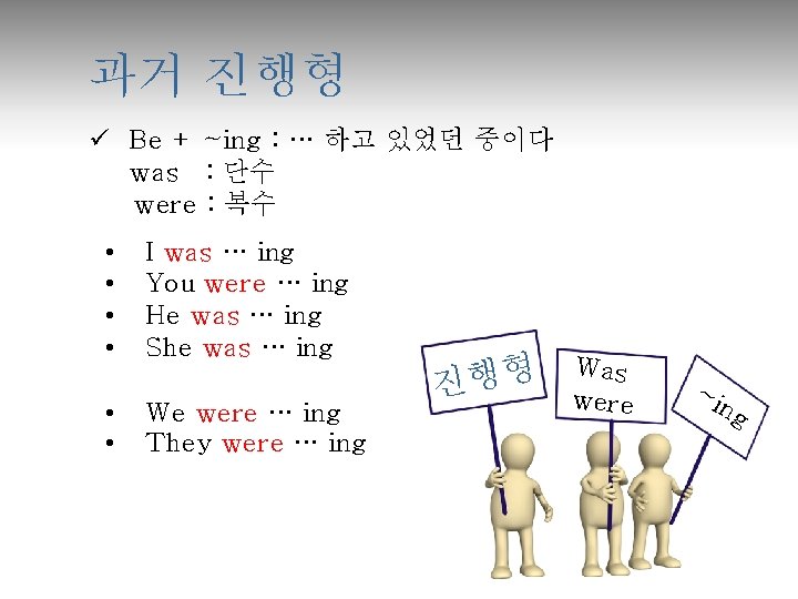 과거 진행형 ü Be + ~ing : … 하고 있었던 중이다 was : 단수