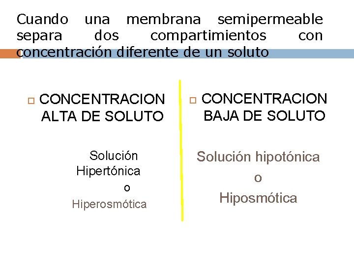 Cuando una membrana semipermeable separa dos compartimientos concentración diferente de un soluto CONCENTRACION ALTA