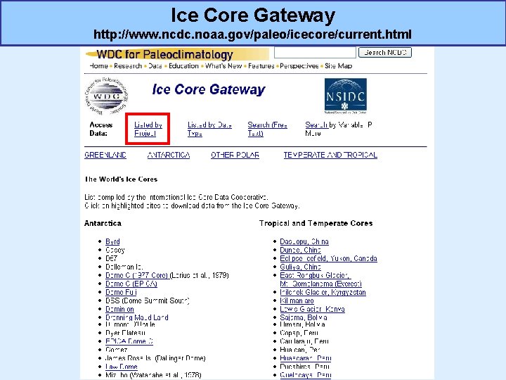 Ice Core Gateway http: //www. ncdc. noaa. gov/paleo/icecore/current. html 