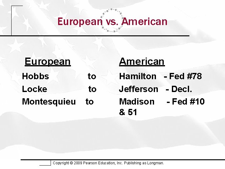 European vs. American European Hobbs Locke Montesquieu American to to to Hamilton - Fed