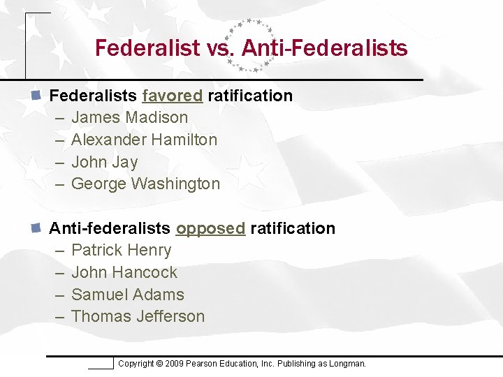 Federalist vs. Anti-Federalists favored ratification – James Madison – Alexander Hamilton – John Jay