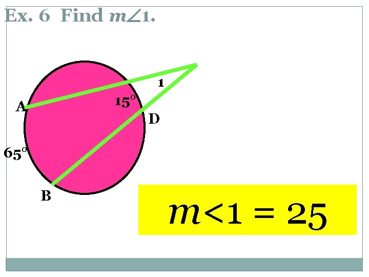 Ex. 6 Find m 1. 1 15° A D 65° B m<1 = 25