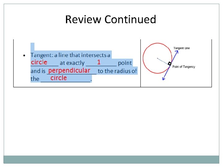 Review Continued circle perpendicular circle 1 