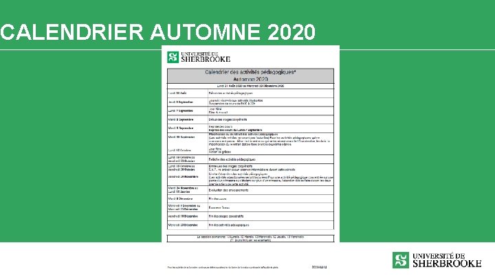 CALENDRIER AUTOMNE 2020 