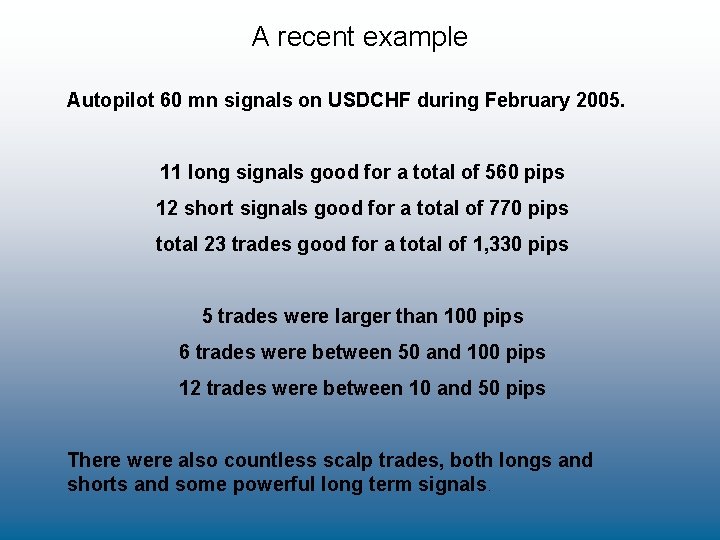 A recent example Autopilot 60 mn signals on USDCHF during February 2005. 11 long