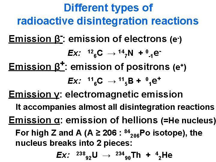 Different types of radioactive disintegration reactions Emission β-: emission of electrons (e-) Ex: 126 Different types of radioactive disintegration reactions Emission β-: emission of electrons (e-) Ex: 126