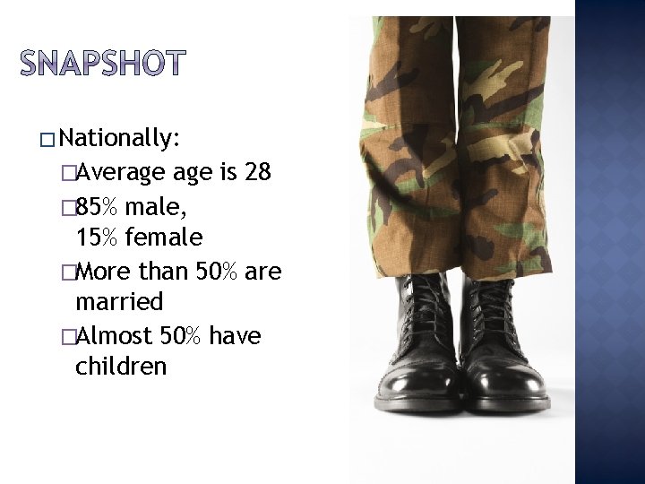 � Nationally: �Average is 28 � 85% male, 15% female �More than 50% are