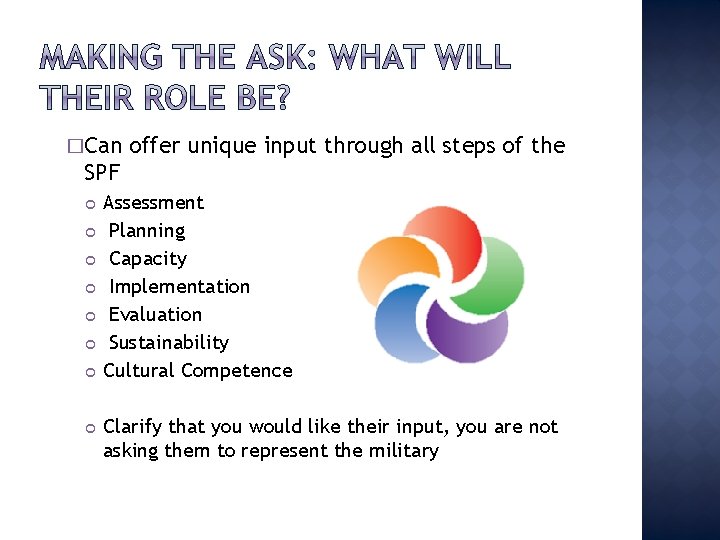 �Can offer unique input through all steps of the SPF Assessment Planning Capacity Implementation