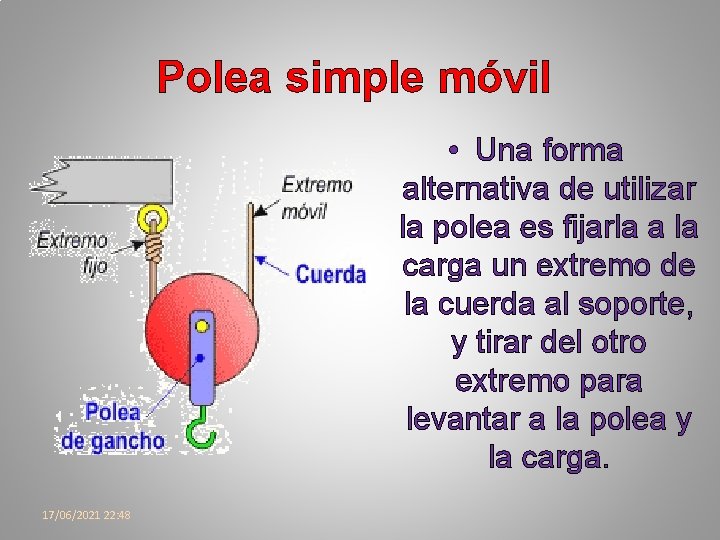 Polea simple móvil • Una forma alternativa de utilizar la polea es fijarla a