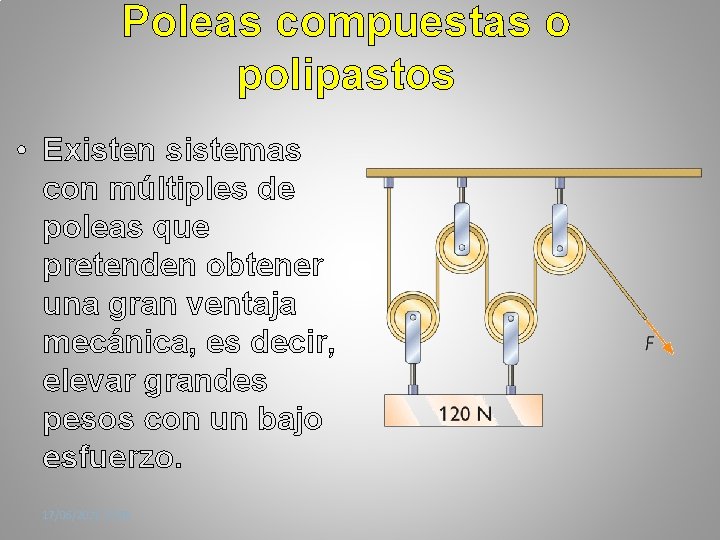 Poleas compuestas o polipastos • Existen sistemas con múltiples de poleas que pretenden obtener