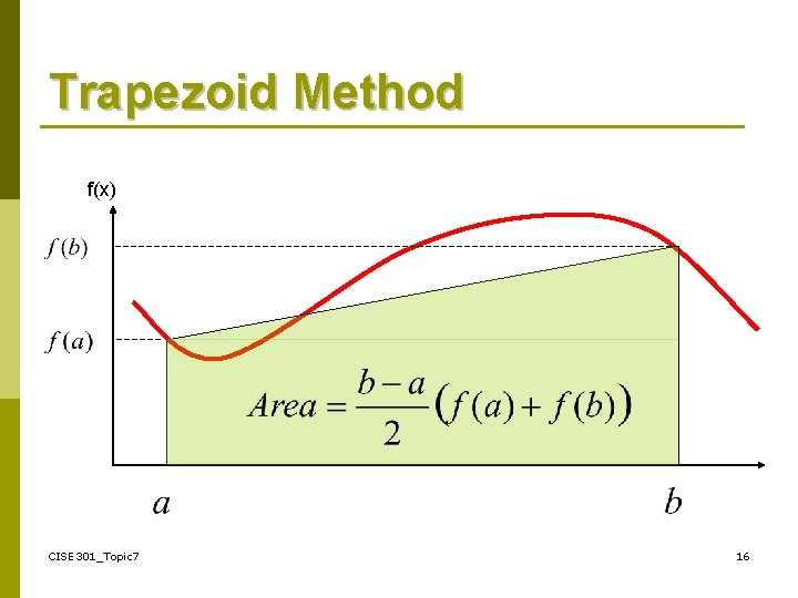 Trapezoid Method f(x) CISE 301_Topic 7 16 
