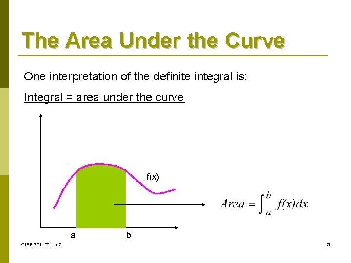 The Area Under the Curve One interpretation of the definite integral is: Integral =