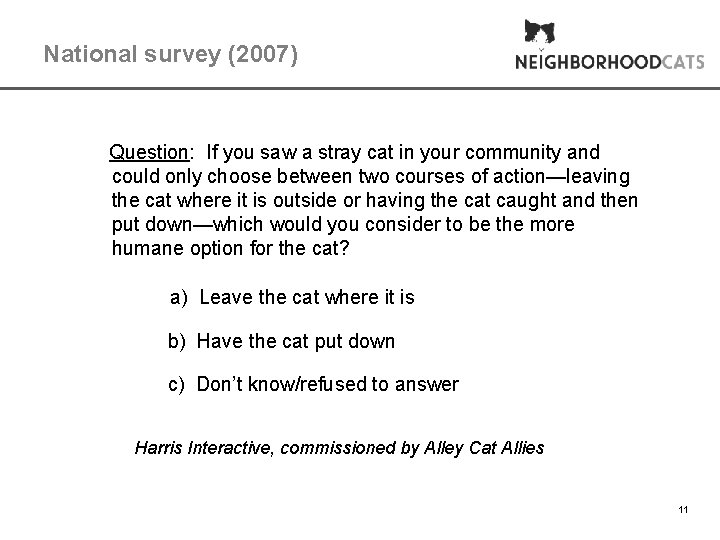 National survey (2007) Question: If you saw a stray cat in your community and