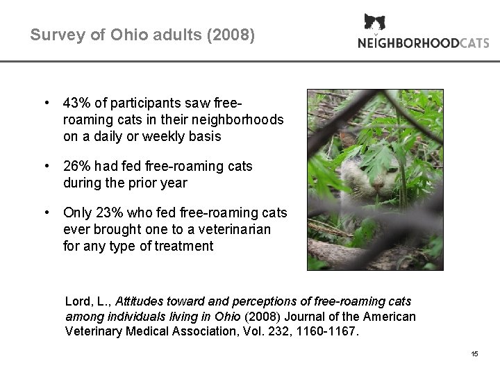 Survey of Ohio adults (2008) • 43% of participants saw freeroaming cats in their