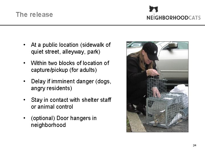 The release • At a public location (sidewalk of quiet street, alleyway, park) •