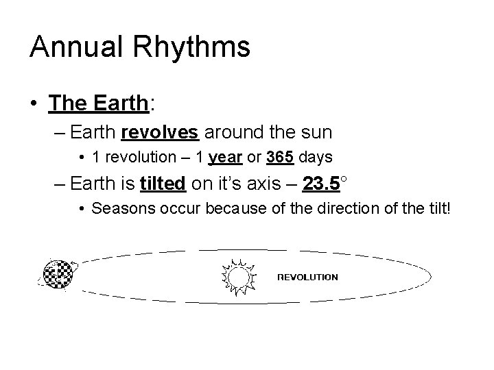 Annual Rhythms • The Earth: – Earth revolves around the sun • 1 revolution