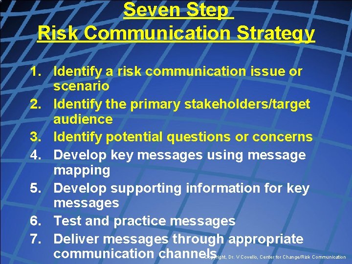 Seven Step Risk Communication Strategy 1. Identify a risk communication issue or scenario 2.