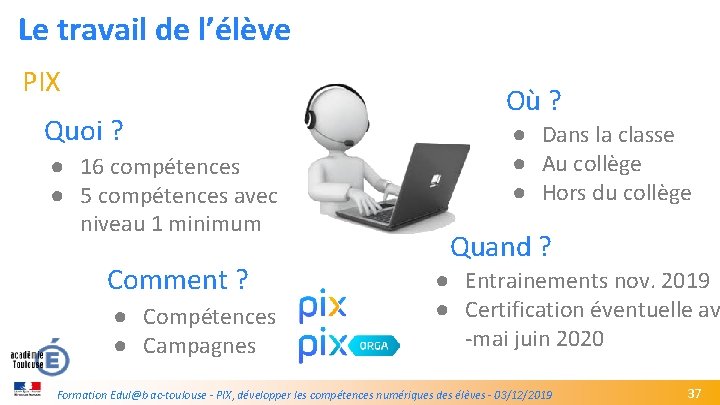 Le travail de l’élève PIX Où ? Quoi ? ● 16 compétences ● 5