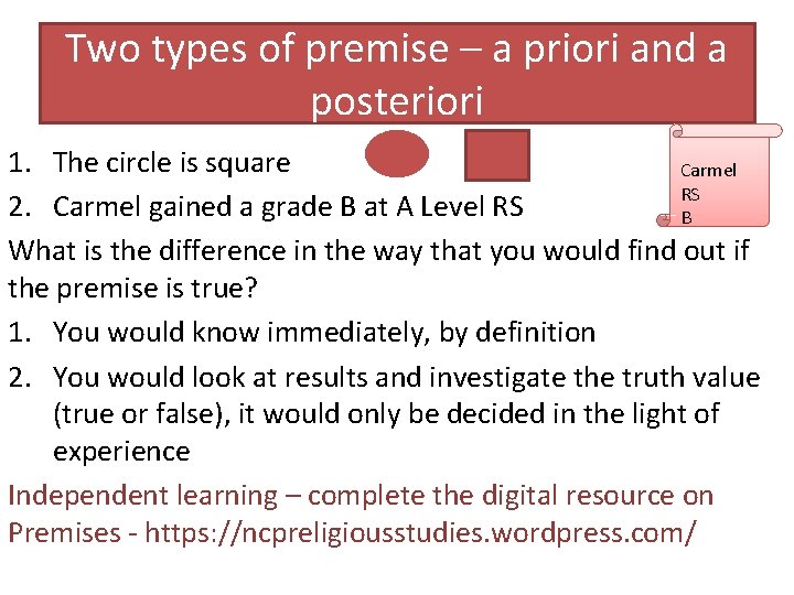 Two types of premise – a priori and a posteriori 1. The circle is