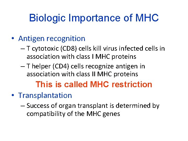 Biologic Importance of MHC • Antigen recognition – T cytotoxic (CD 8) cells kill