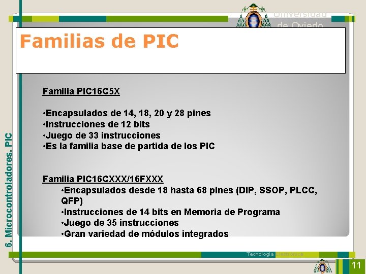 Familias de PIC Universidad de Oviedo 6. Microcontroladores. PIC Familia PIC 16 C 5