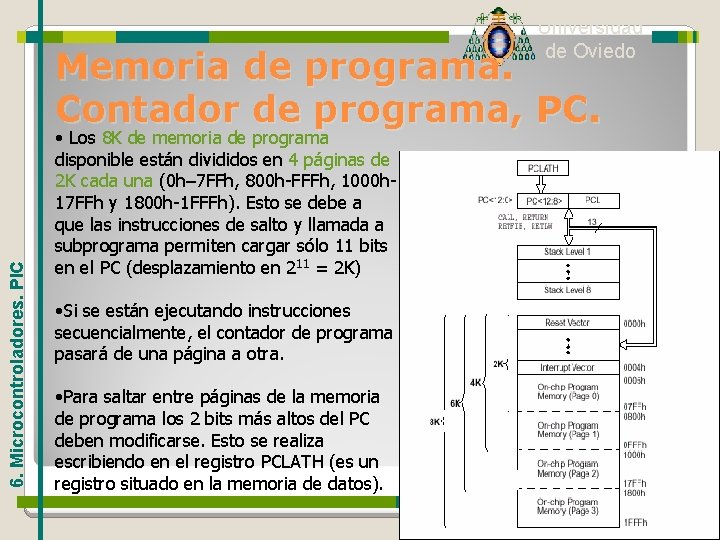 Universidad de Oviedo 6. Microcontroladores. PIC Memoria de programa. Contador de programa, PC. •