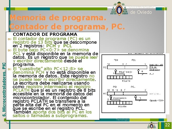 6. Microcontroladores. PIC Memoria de programa. Contador de programa, PC. Universidad de Oviedo CONTADOR