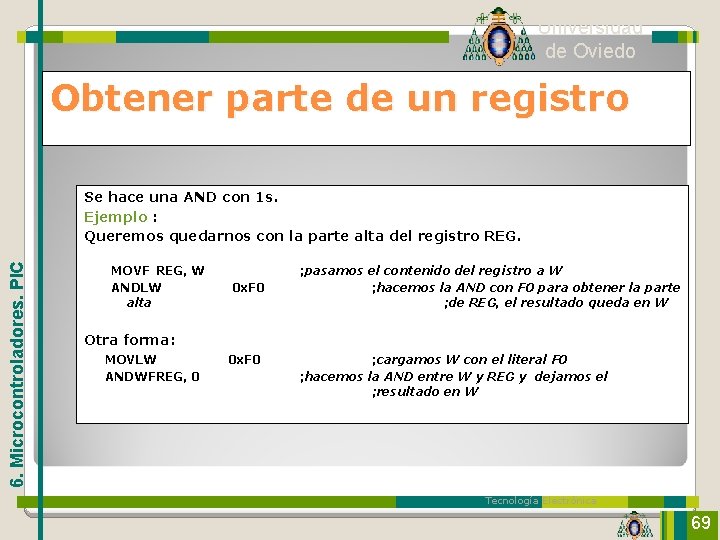 Universidad de Oviedo Obtener parte de un registro 6. Microcontroladores. PIC Se hace una