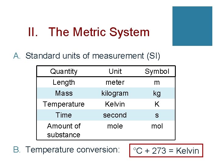 II. The Metric System A. Standard units of measurement (SI) Quantity Length Mass Temperature