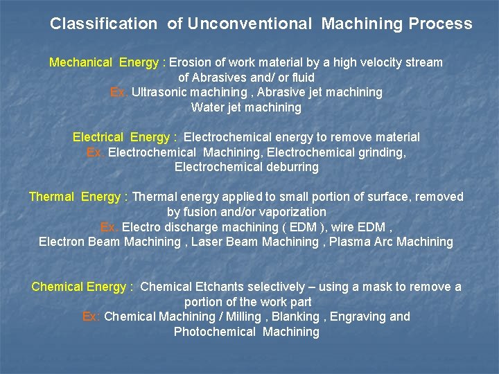 Classification of Unconventional Machining Process Mechanical Energy : Erosion of work material by a