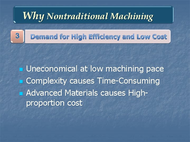 n n n Uneconomical at low machining pace Complexity causes Time-Consuming Advanced Materials causes