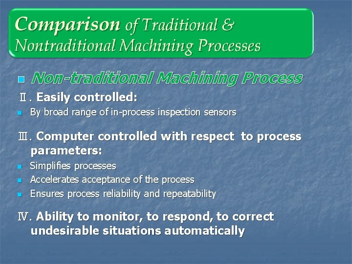 n Non-traditional Machining Process Ⅱ. Easily controlled: n By broad range of in-process inspection