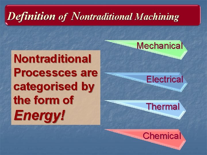 Definition of Nontraditional Machining Mechanical Nontraditional Processces are categorised by the form of Energy!