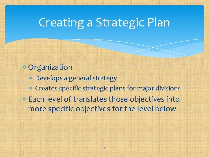 Creating a Strategic Plan Organization Develops a general strategy Creates specific strategic plans for