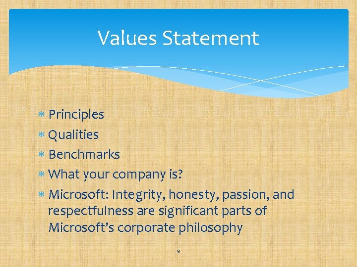 Values Statement Principles Qualities Benchmarks What your company is? Microsoft: Integrity, honesty, passion, and