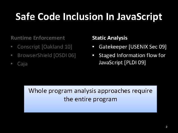 Safe Code Inclusion In Java. Script Runtime Enforcement Static Analysis • Conscript [Oakland 10]