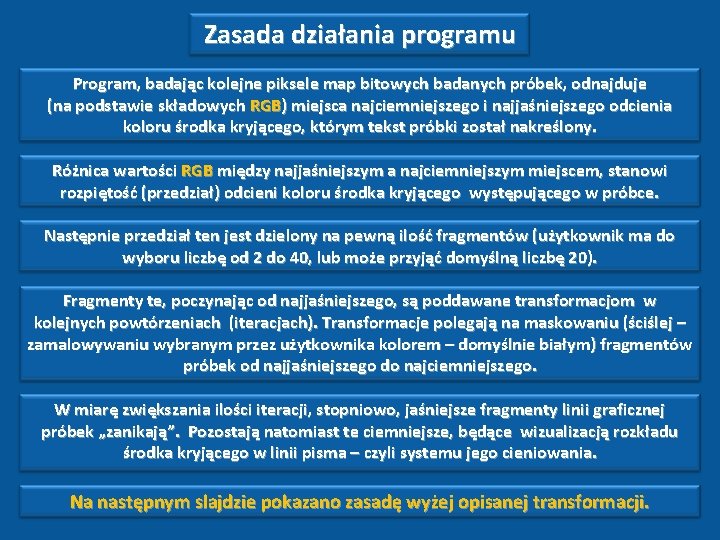 Zasada działania programu Program, badając kolejne piksele map bitowych badanych próbek, odnajduje (na podstawie