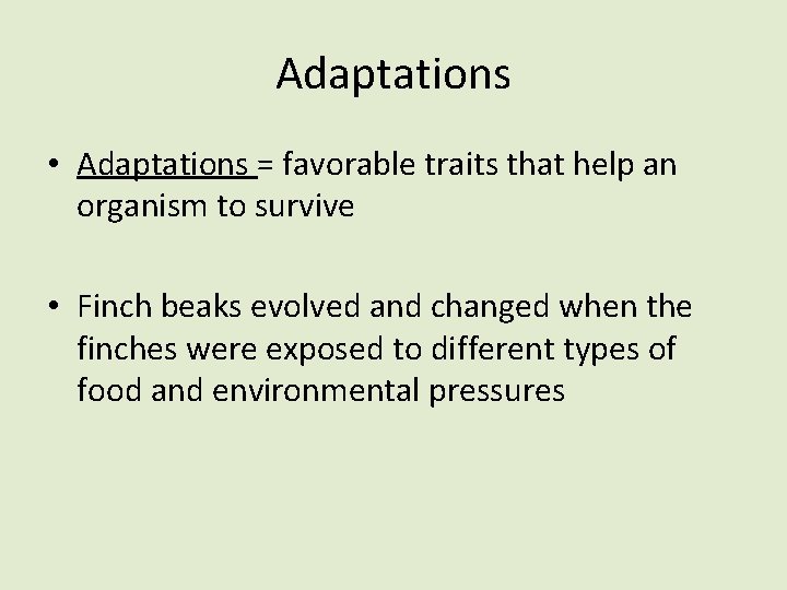 Adaptations • Adaptations = favorable traits that help an organism to survive • Finch