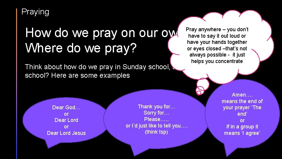 Praying How do we pray on our own? Where do we pray? Pray anywhere