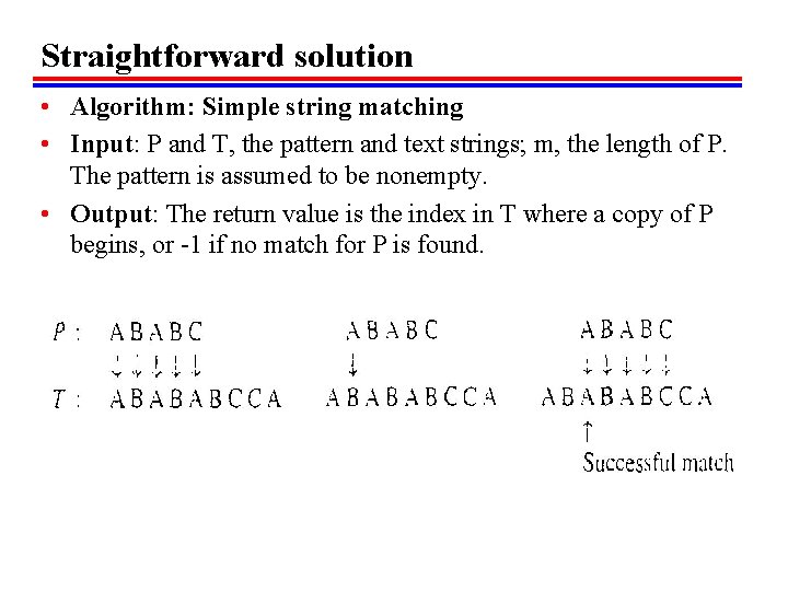 Straightforward solution • Algorithm: Simple string matching • Input: P and T, the pattern Straightforward solution • Algorithm: Simple string matching • Input: P and T, the pattern