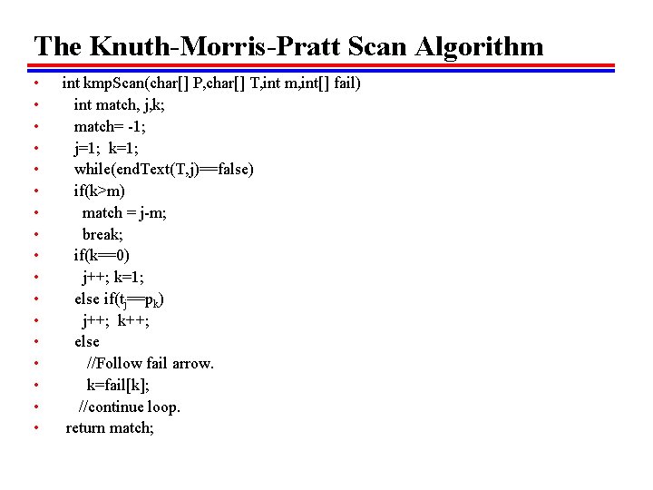 The Knuth-Morris-Pratt Scan Algorithm • • • • • int kmp. Scan(char[] P, char[]