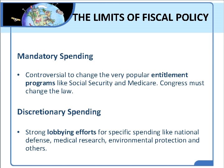THE LIMITS OF FISCAL POLICY Mandatory Spending • Controversial to change the very popular THE LIMITS OF FISCAL POLICY Mandatory Spending • Controversial to change the very popular
